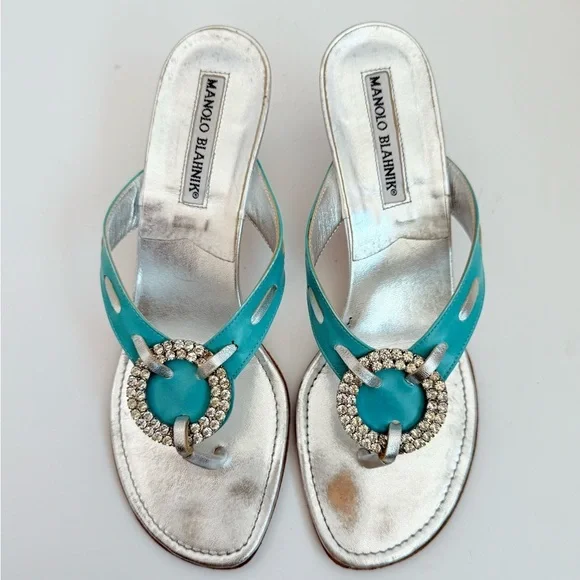 Manolo Blahnik Silver Turquoise Leather Vintage crystal thong sandals EU37 US 7 - Picture 2 of 10